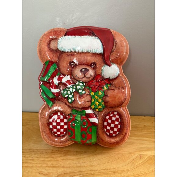 Christmas 3D Teddy Bear Cookie Shaped Plastic Container Storage Made in USA - Picture 1 of 4